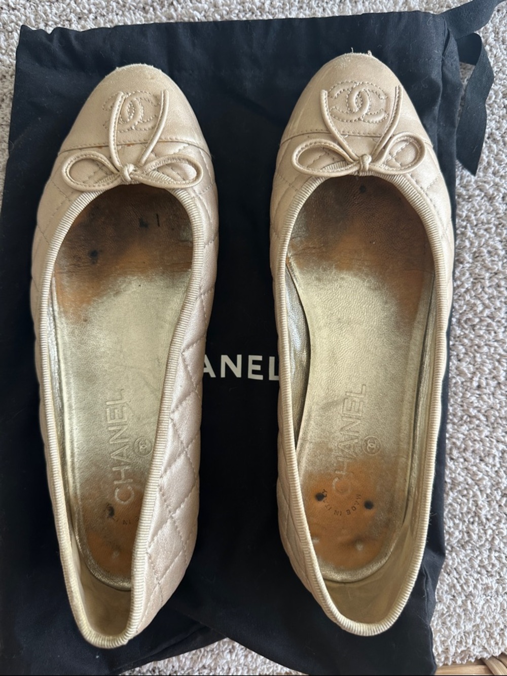 CHANEL Gold Quilted Leather Ballet Flats with CC Bow